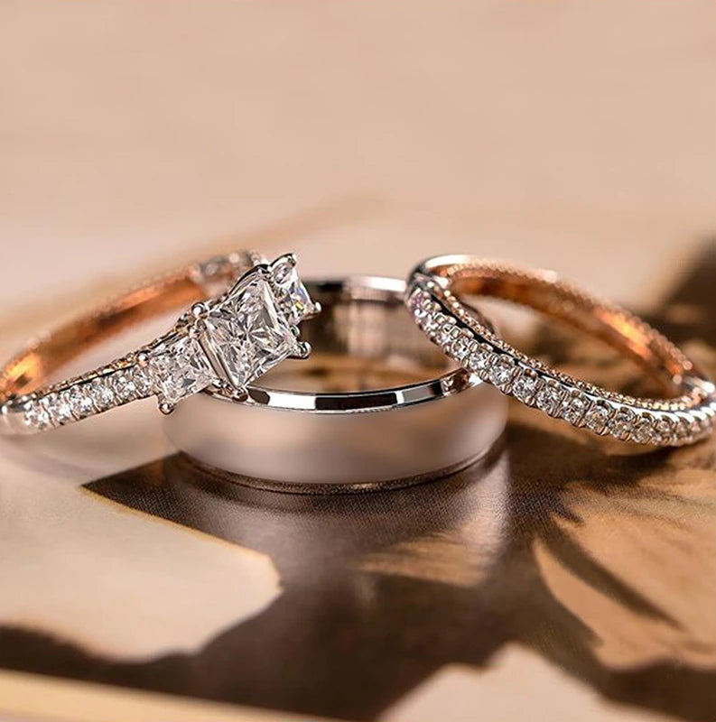 Exquisite Luxury Zircon Inlaid Three - Piece Ring Plating Drop - Glue Ring for Women