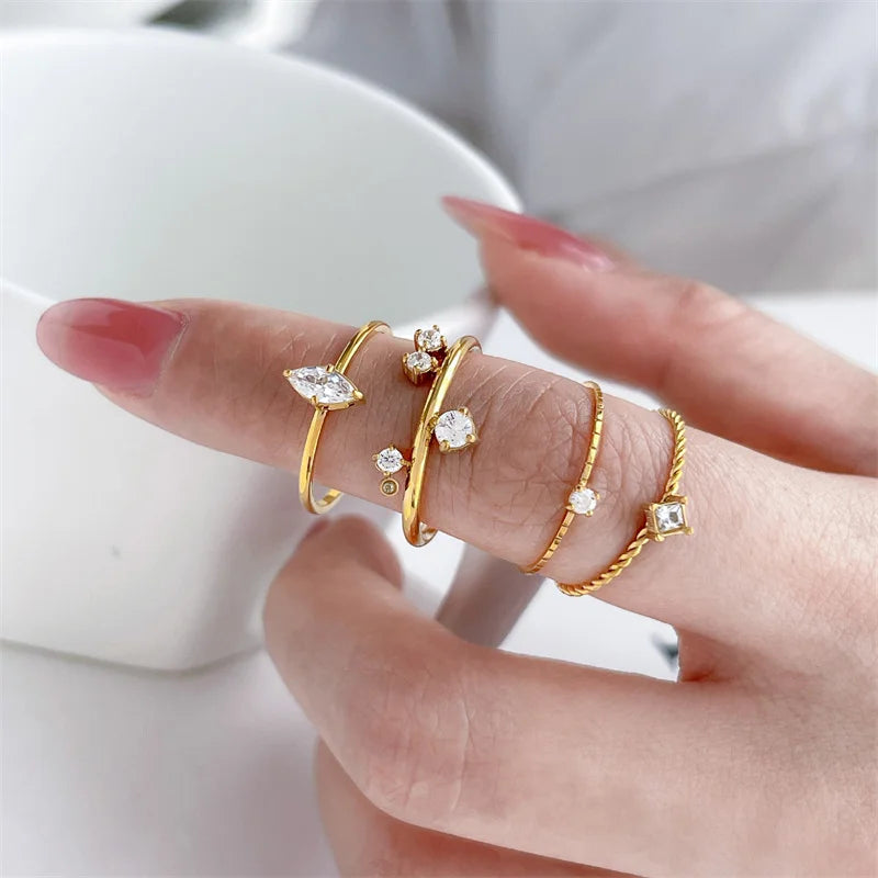 Minimalist Dainty Women's Stainless Steel Fashion Rings Anti-tarnish Zircon & Square/CZ Stones Waterproof with Oval Shape