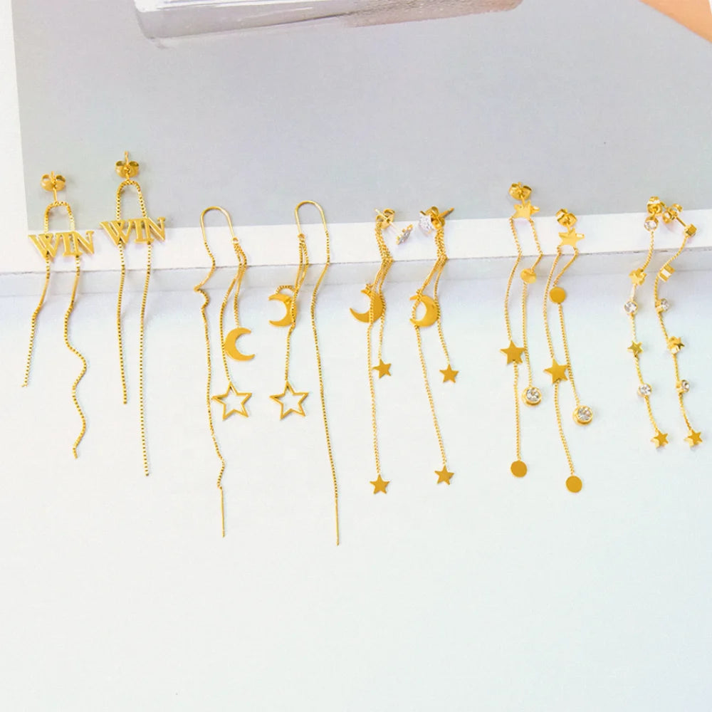 Trend Star Moon Tassel Drop Earrings Waterproof Jewelry Custom Wholesale Women's Stainless Steel Double Long Chain Stud Earrings