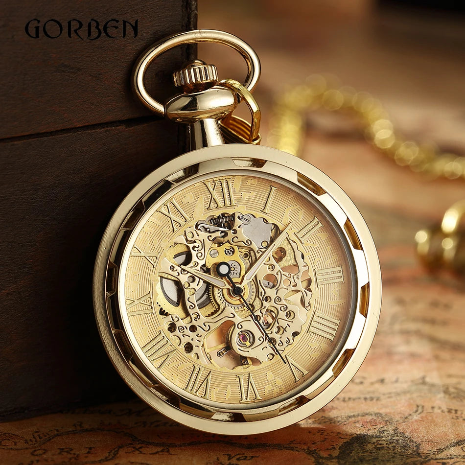 Luxury Antique Skeleton Mechanical Pocket Watch Men Steampunk Mechanical Fob Watches Clock Pendant Hand-winding Relogio De Bolso MegaBDM