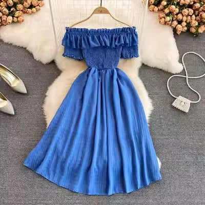 One Size Beach Holiday Beach Dress Summer Fashion Off Shoulder Off Shoulder Ruffled A-Line Chiffon Short Sleeve Dress