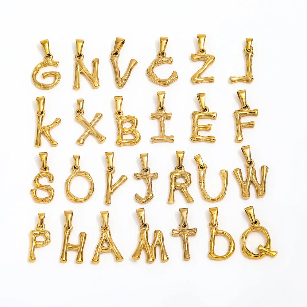Trendy 18k PVD Gold Plated Stainless Steel Bamboo Texture Cute Letters Alphabet Charm Pendant