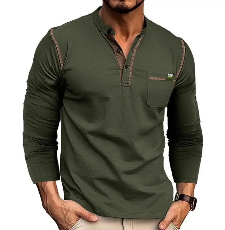 New Men's Henry T-shirt Vintage Long Sleeve Patchwork T-shirt Button Pullover Bottom T-shirt Tops
