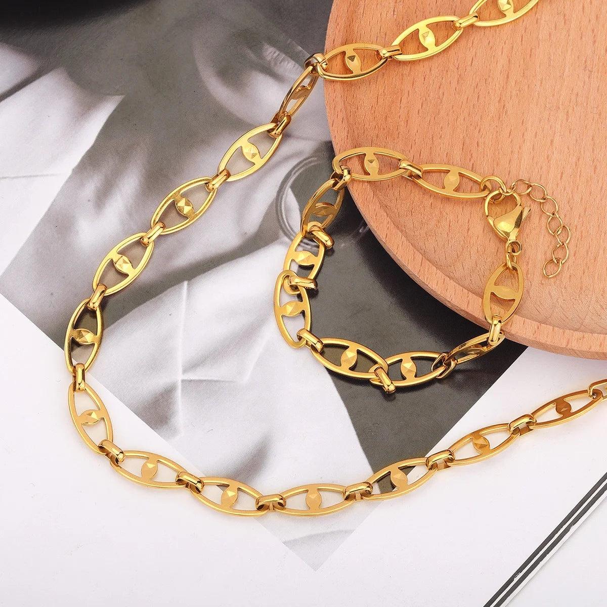 Tarnish Free Stainless Steel Jewelry 18K Gold Plated Handmade Chain Link Bracelet Necklace Jewelry Set