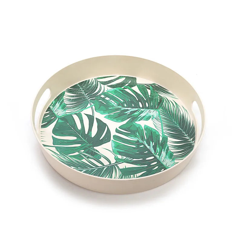 Custom Printed Round Restaurant Bamboo Fiber Melamine Serving Food Tray with Handle