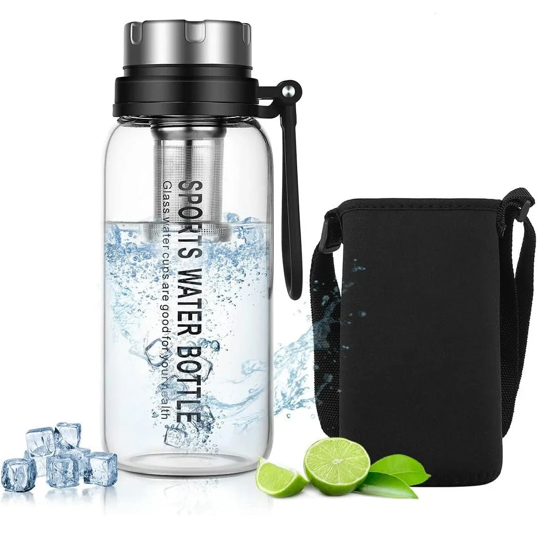 Large 2L Borosilicate Infuser Sleeve 25oz 32oz 67oz Glass Sport Style Modern Design Camping Use Reusable Wide Mouth Water Bottle