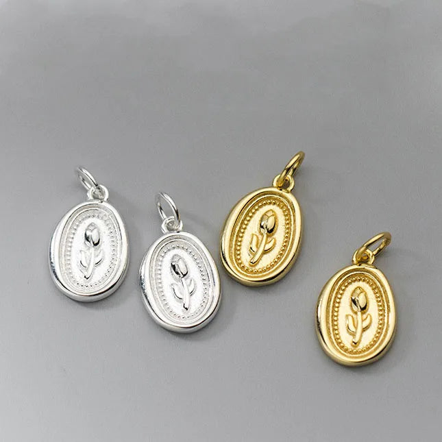 Fashion 925 Sterling Silver Engrave Tulip Oval Disc Charm Pendant for Bracelet Necklace Making