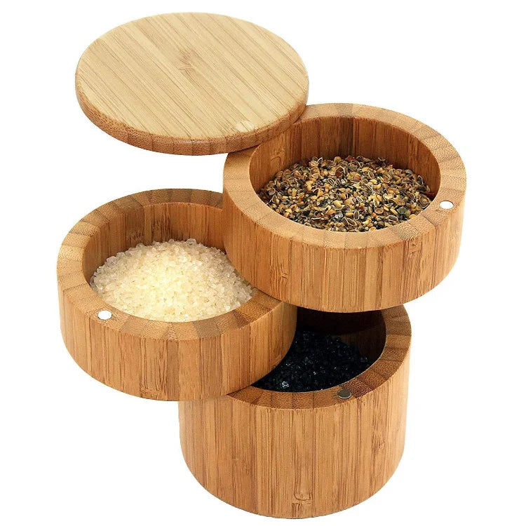 Bamboo Three-layer Foldable Freshness Preservation Back School Pepper Box Container Cellar Kitchen Wood Spice Seasoning Storage