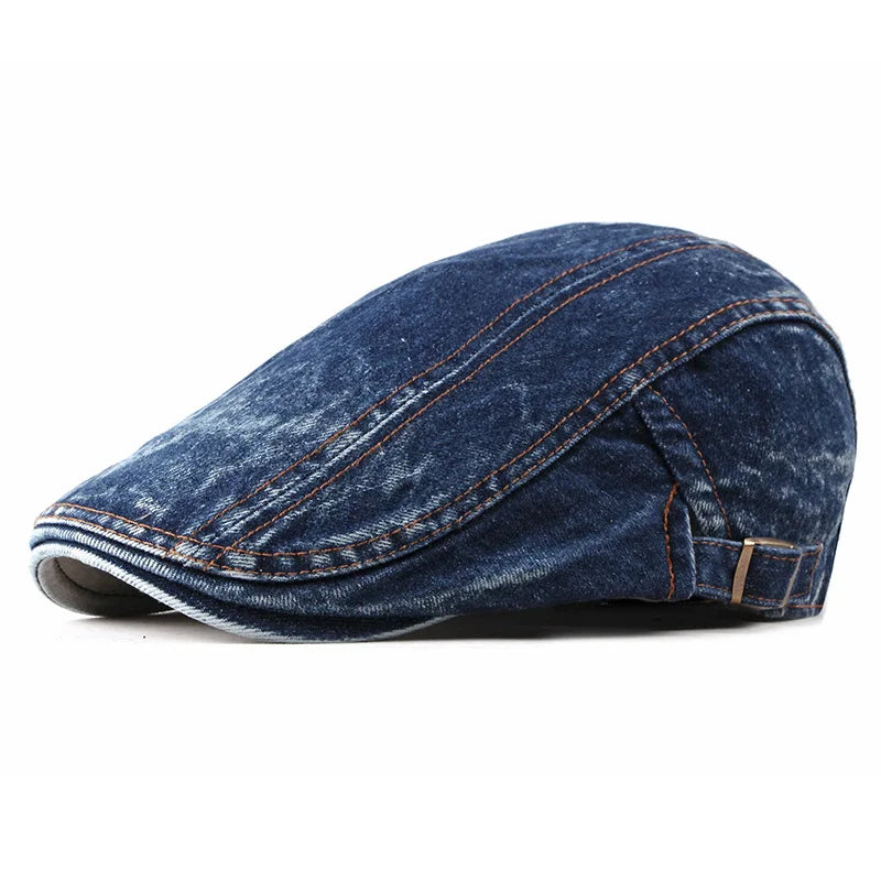 BESTELLA Men's Checkerboard Denim Beret Ripped Ivy Hat Sun Protection Casual Outdoor Golf Driving Daily Sport Cap Business