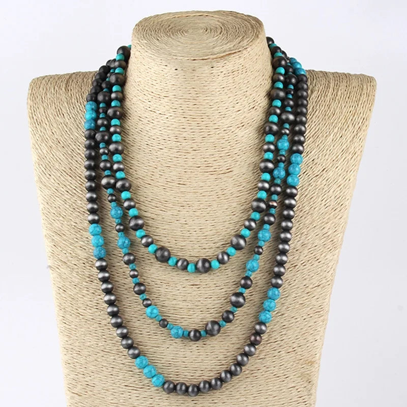 Vintage Women Jewelry 3 Layer Gray Drawing Navajo Pearl  Necklace Turquoise Beads Necklaces