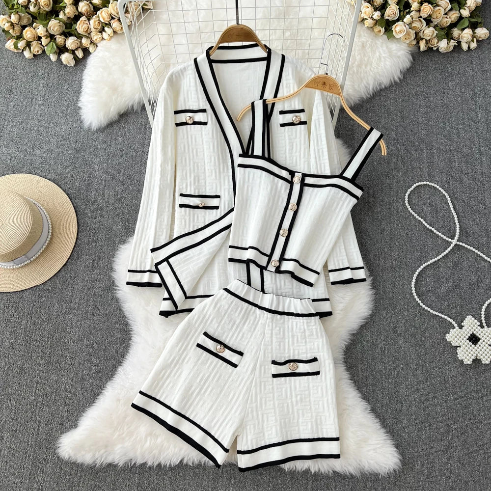 Wholesale 2026 Spring Temperament Color Contrast V-neck Knitted Cardigan Suspender Vest High Waist Shorts Women's Suit