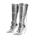 New Trending Silver Side Zipper Women's Over-the-Knee Pointed Toe Metal Studded Cross Straps Breathable Stiletto Heel Denim
