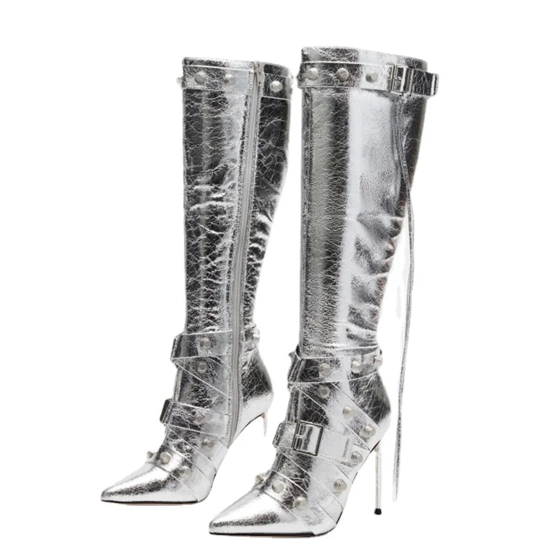 New Trending Silver Side Zipper Women's Over-the-Knee Pointed Toe Metal Studded Cross Straps Breathable Stiletto Heel Denim