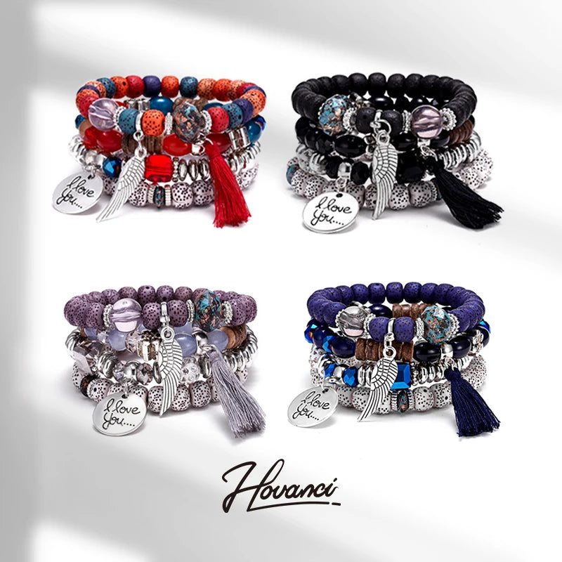 HOVANCI Popular Style Beads Bracelets Set for Men Natural Stone 01 Bohemia Jewelry Wing Tassel Natural Stone Bracelet Set
