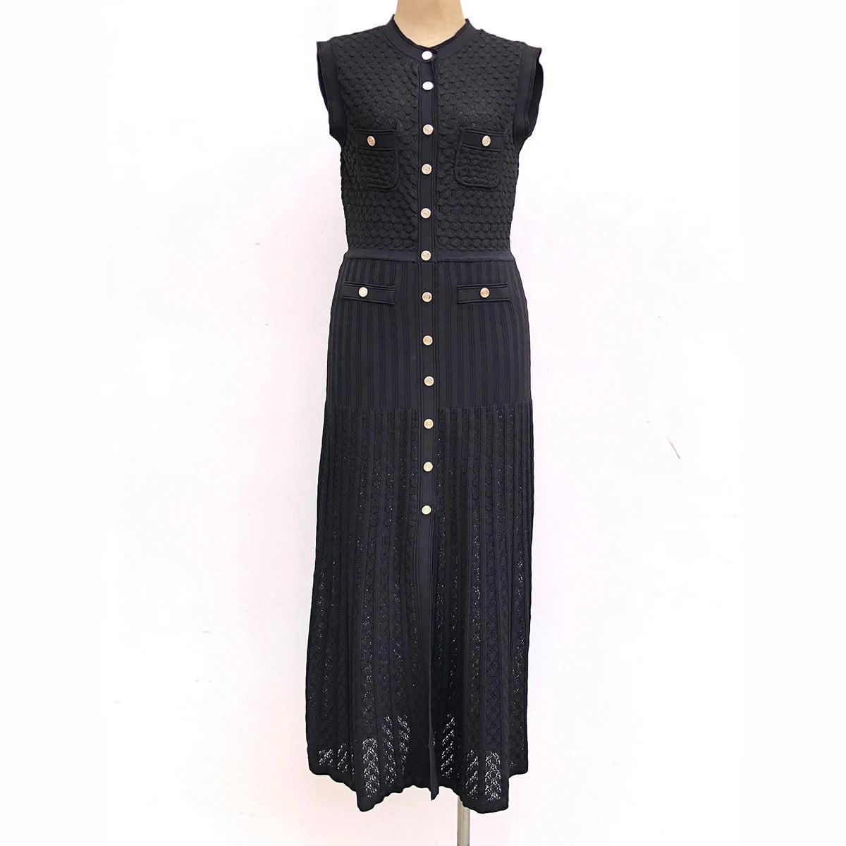 Trendy Crew Neck Spring Casual Knitted Lady Button up Sleeveless Elegant Slim French Midi Casual Dress