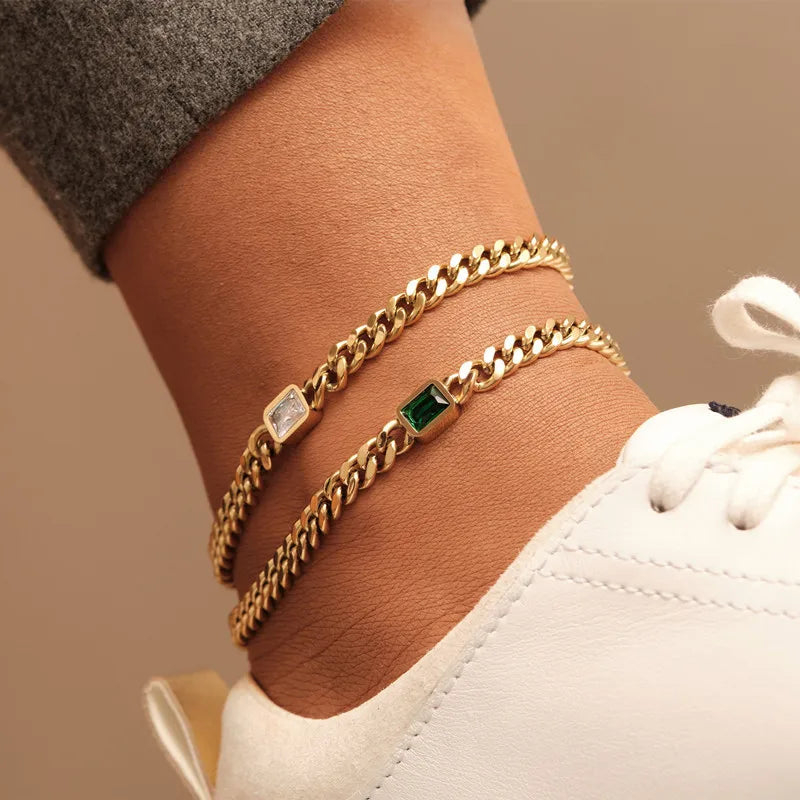 New Arrival Rock 14k Gold Plated Gemstone Beach Titanium Steel Cuban Chain Ankle
