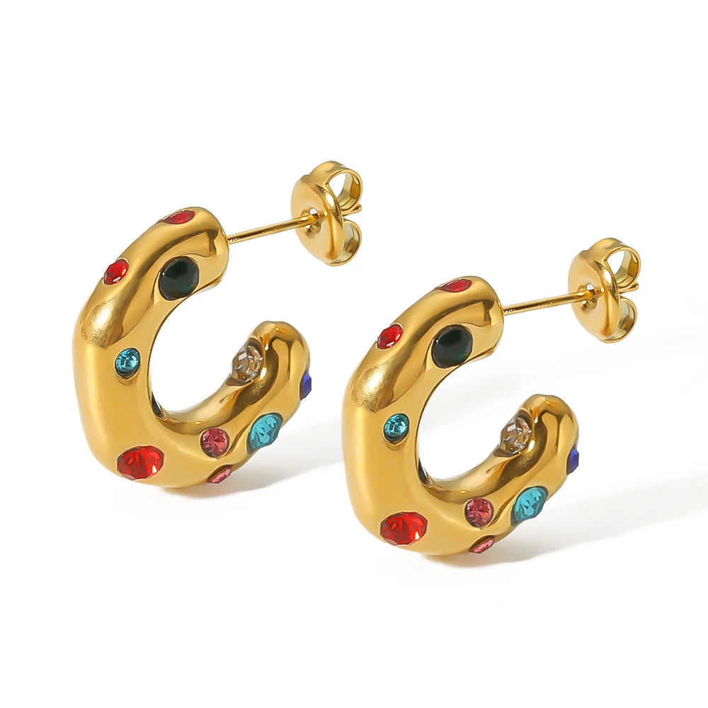 Ins Hot Stainless Steel 18K Gold Plated Colored Zircon Shaped Hammer Pattern CC Shape Hoop Earrings for Women