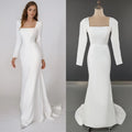 Real Photos Elegant Long Sleeves Square Collar Soft Satin Wedding Gown Engagement Dress for Plus Size Women Prom Evening Dresses