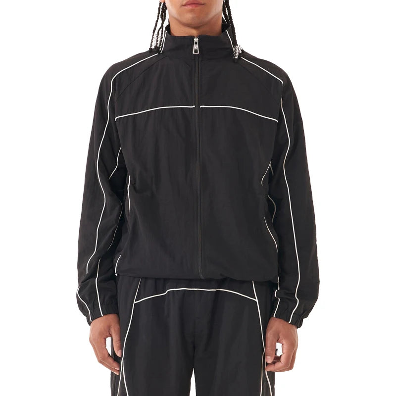 Wholesale Streetwear Manufacturer Athletic Nylon Reflective Zipper Tracksuit Men's Jacket with Piping