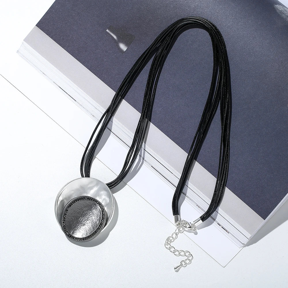 TongLing Unisex Long Pendant Necklace with Irregular Shape Black Alloy Rope Strand String Sheet for Anniversary Occasions