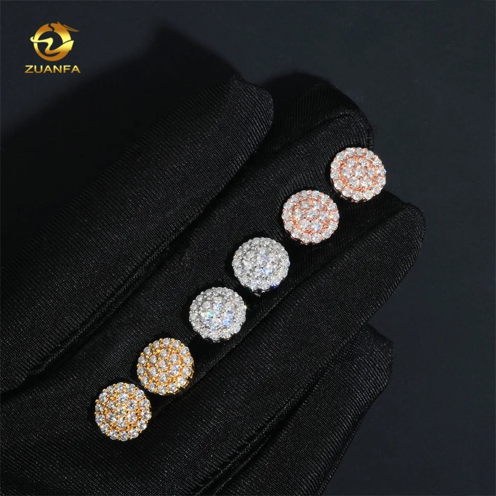 Hot Selling Round Shape Hip Hop Iced Out Moissanite Diamond Men 925 Silver Earrings