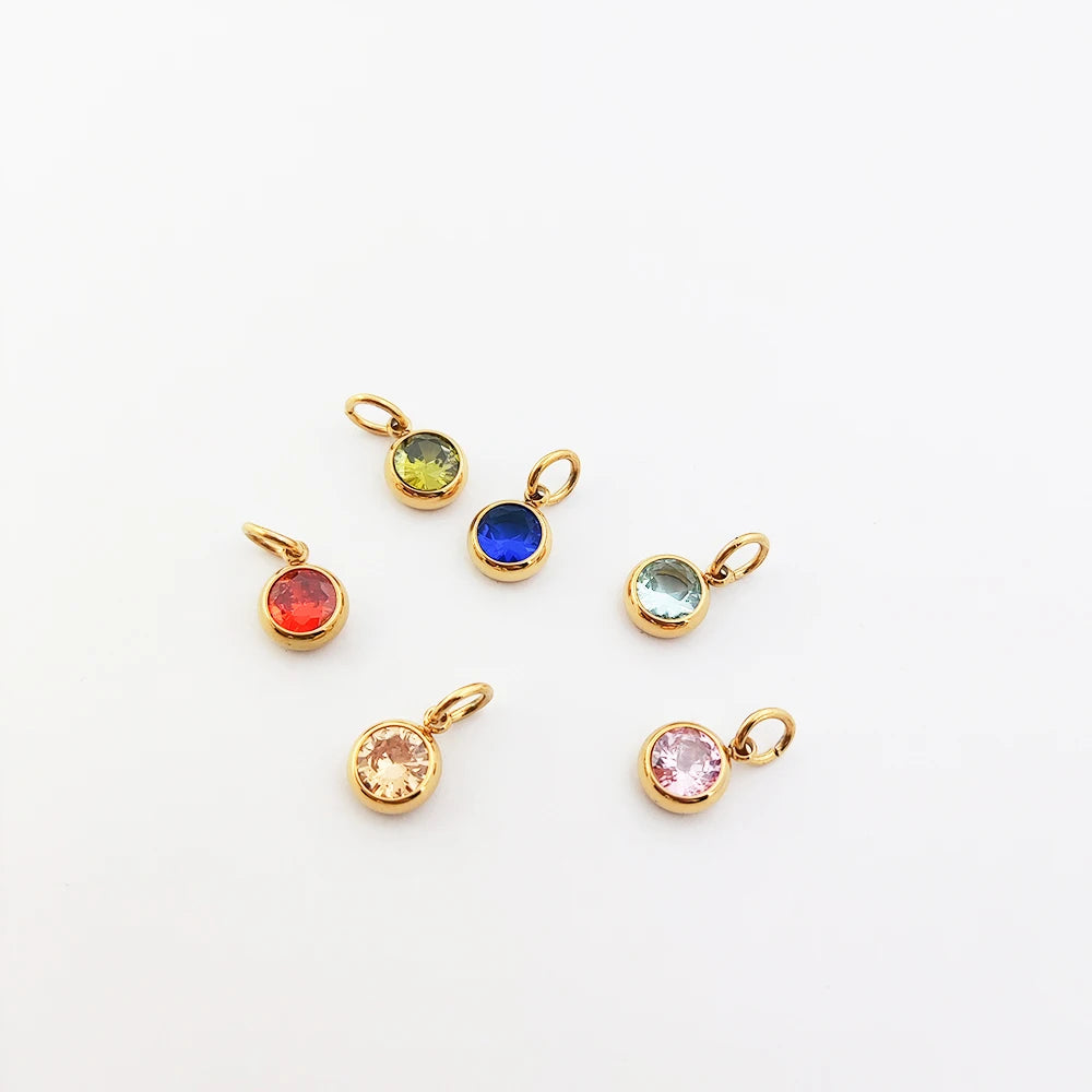 DIY 12 Months Color Birthstone Pendant Zirconia Charm Stainless Steel Gold Plated Color Stone Accessories Birthday Gift