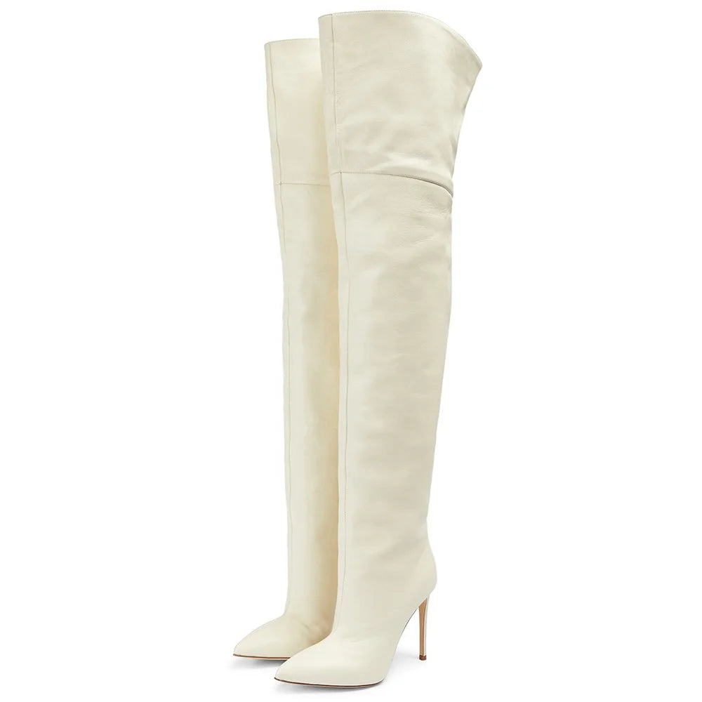 Plus Size Beige PU Leather Over the Knee Boots Thin Heel Winter Long Boots Pointed Toe Boots Women Shoes 2022