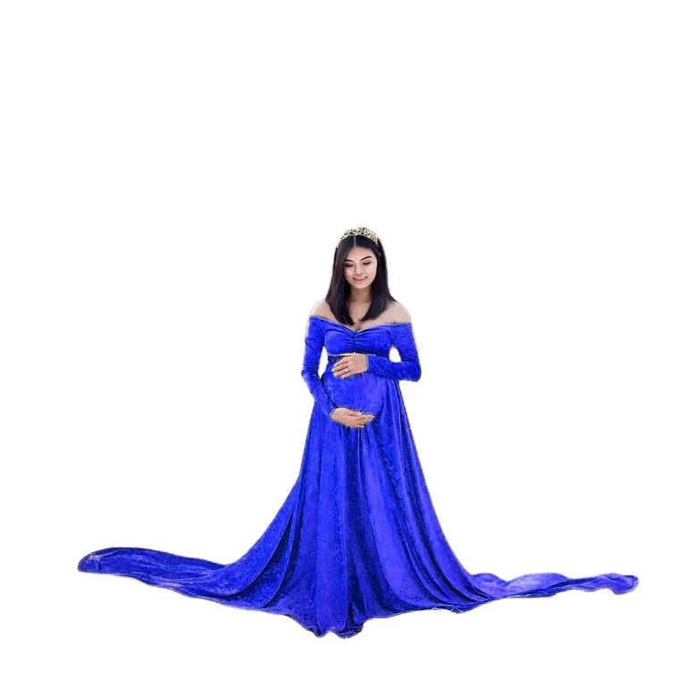 Europe and the United States Autumn and Winter Women's Canary Velvet Pregnant Women V Neck Neck Drag Taildress Photography Dress