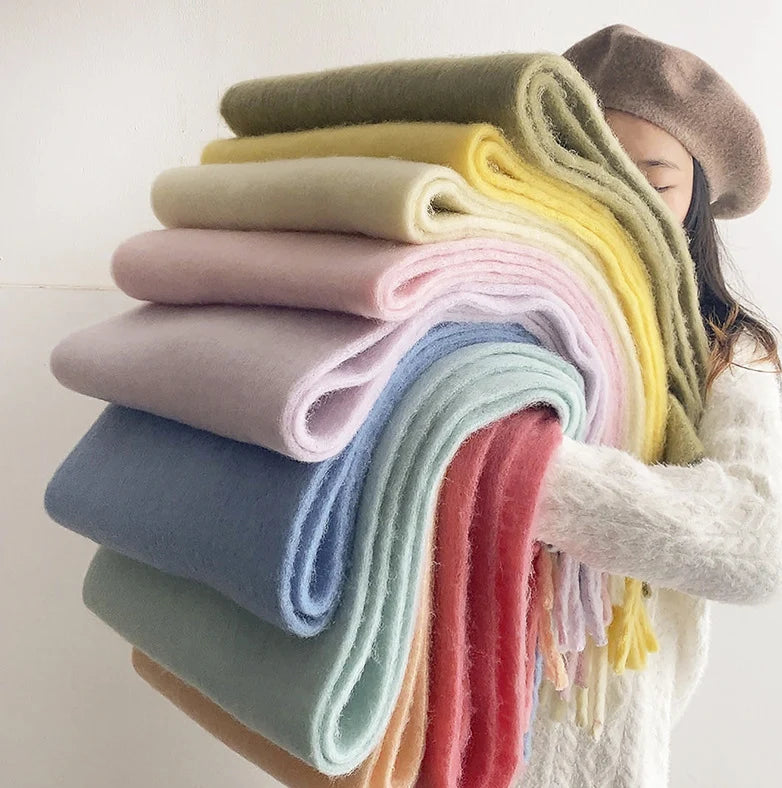 Winter Thickened Warm Cashmere Solid Color Shawl Girl Outdoor Heavy Brushed Scarves With Tassels