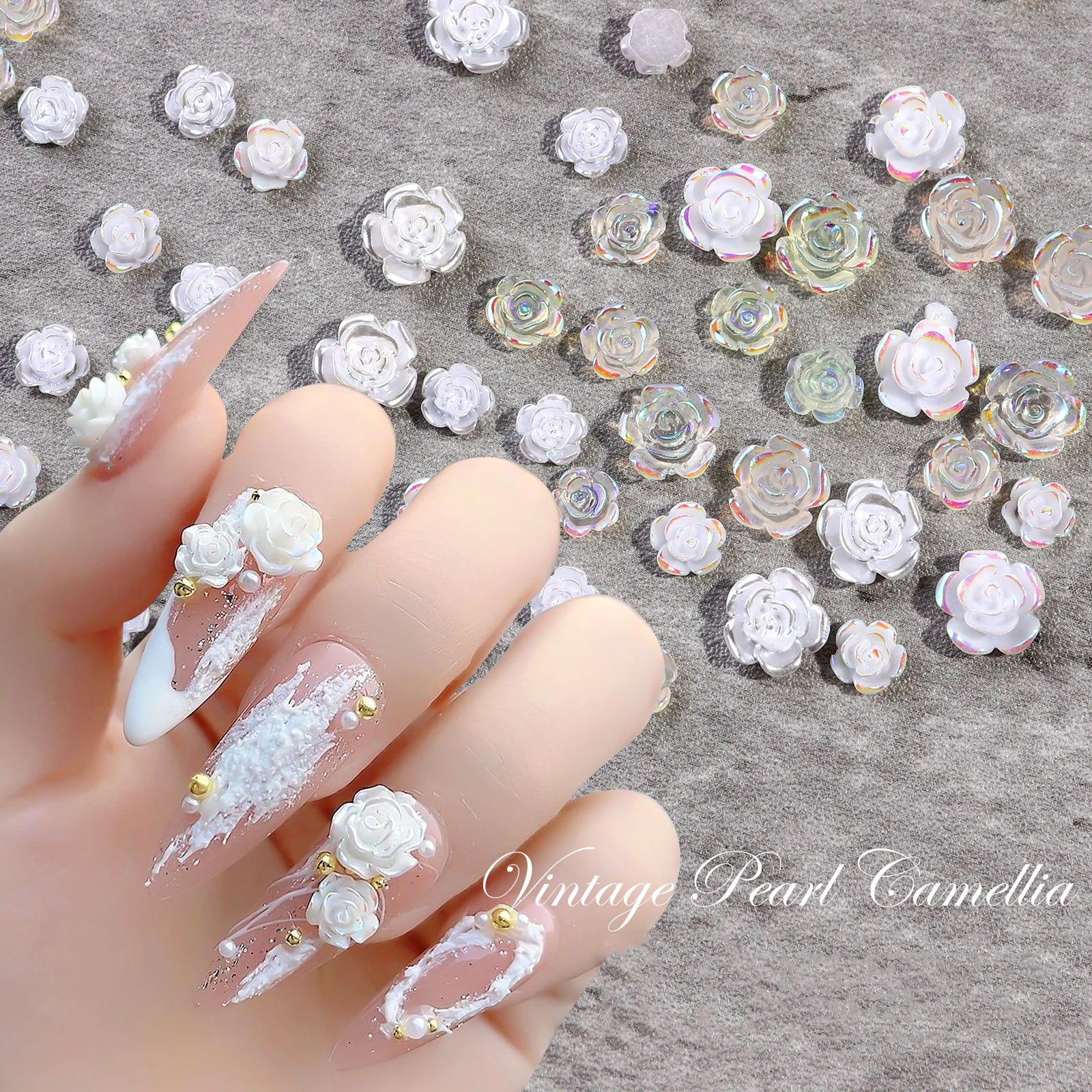 30pcs/pack New Magic Light Change Resin Camellia Flower Nail Jewelry White Aurora Camellia 3D Nail Art Jewelry