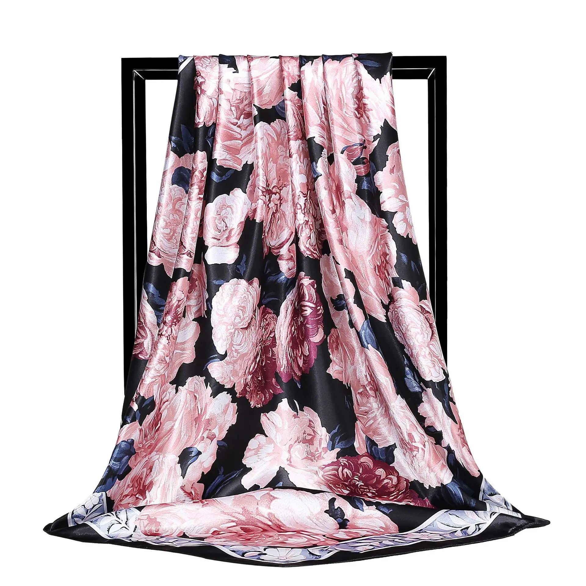 Custom Square Luxury Muslim Women Hijabs Silk Twill Floral Scarf for Women Fashion Hair Wrap Scarves 90*90cm Satin Silk Scarf
