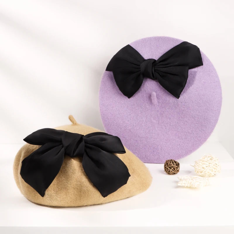 Hot Selling 100% Wool Custom French Embroidery Bowknot Boina Casual Business Fishing Attire Berets for Women