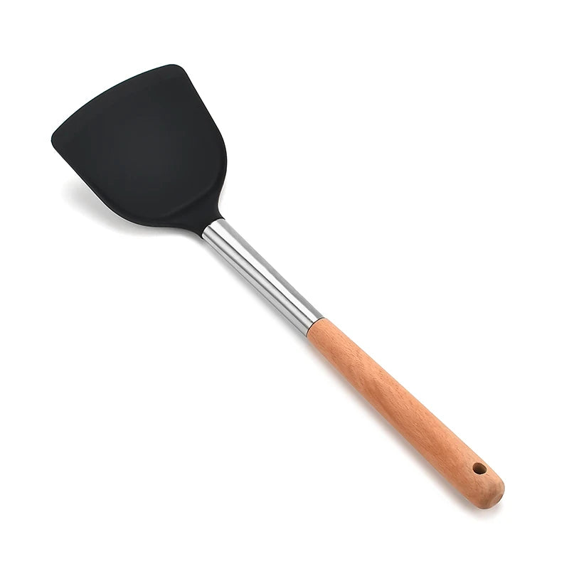 Silicone Shovel Non-Stick Pan Spatula Cooking Shovel with Long Wood Handle Heat-resistant Turner Kitchen Utensils Cookware