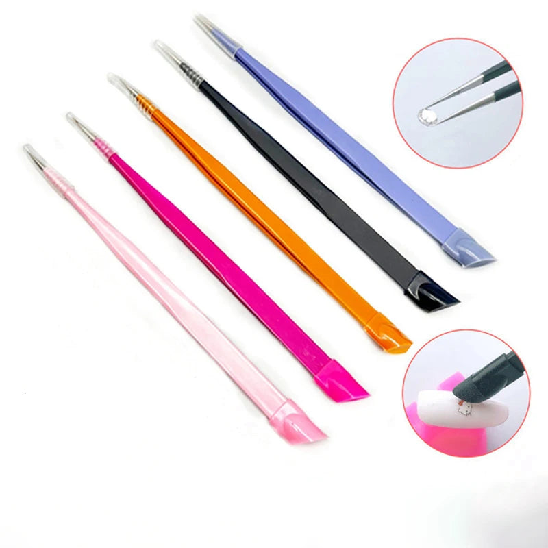 Silicone Pressing Head Stainless Steel Tweezers Dual Muti-functional  Eyelash Extension Tweezer Nail Decoration Picker Tool