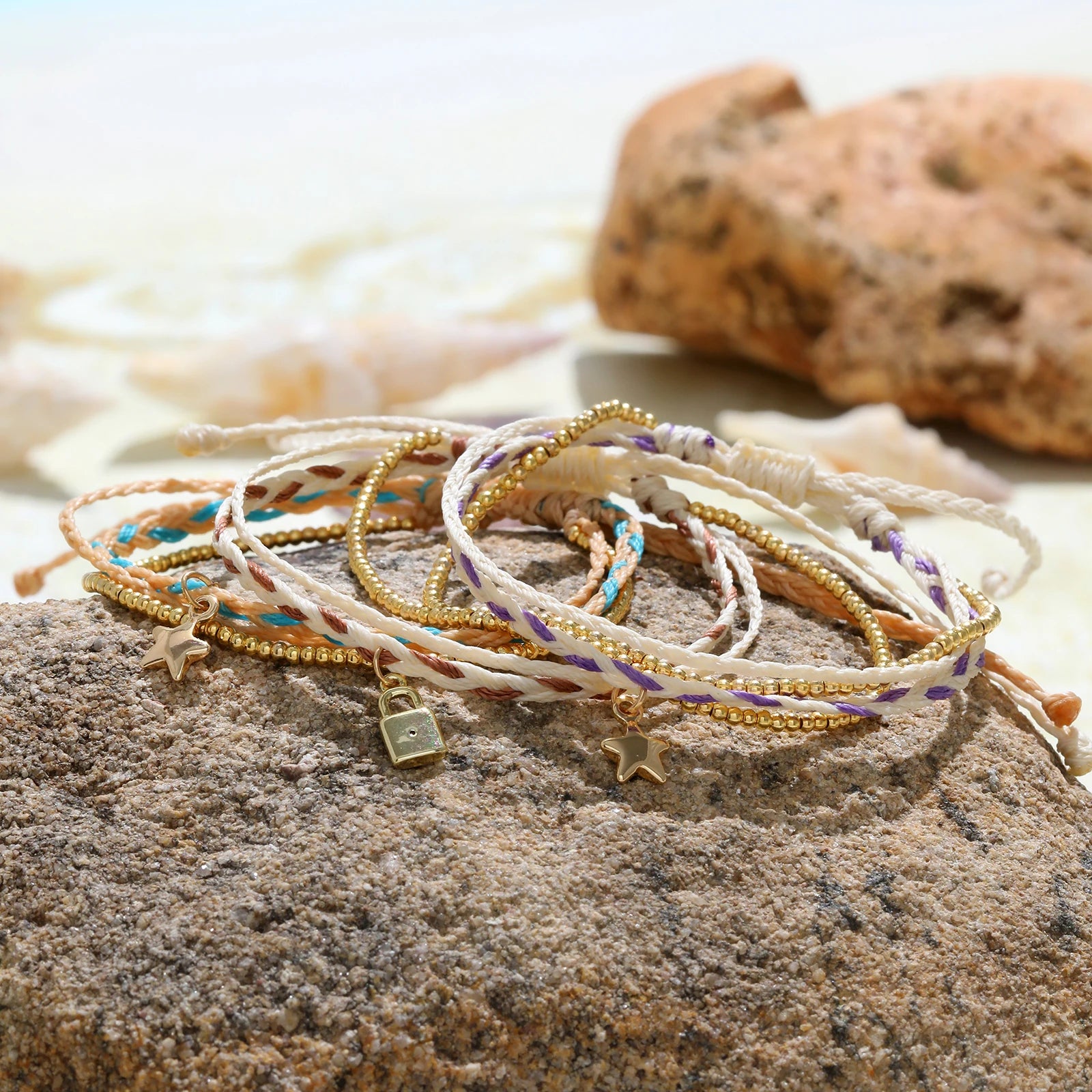 Handmade Boho Minimalist Bracelet Star Moon Charm Adjustable Braided Rope for Beach Couples Fashionable Charm Bracelets