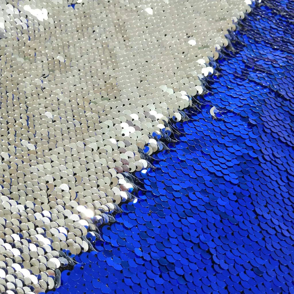 Luxury Stretch Polyester Bicolor Flip 5mm Royal Blue Silver Embroidered Sequin Fabric Double Faced Wedding Celebration