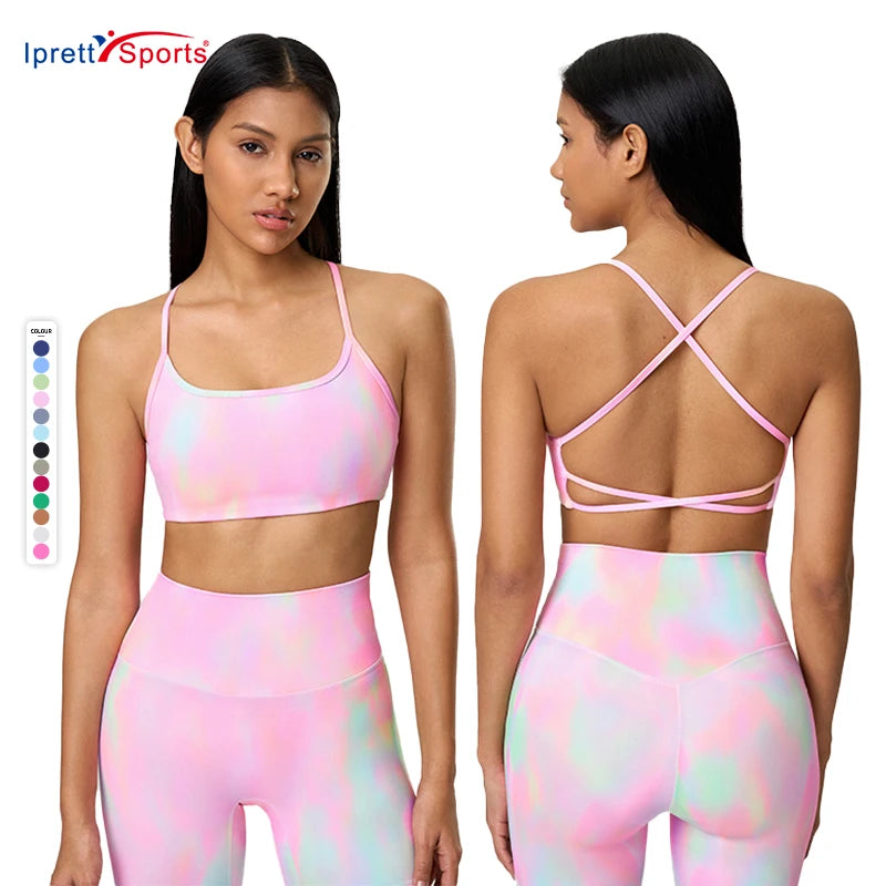 Best Selling Women's Workout Tie Dye Sports Bras Fitness Cross Back Padded Middle Impact Yoga Bra Breathable Crop Tank Top