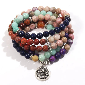Chinese Words Women 8mm Multicolor Natural Stone Elastic Necklace Long Life Lock Dragon Charm Bracelet 108 Men Mala Jewelry