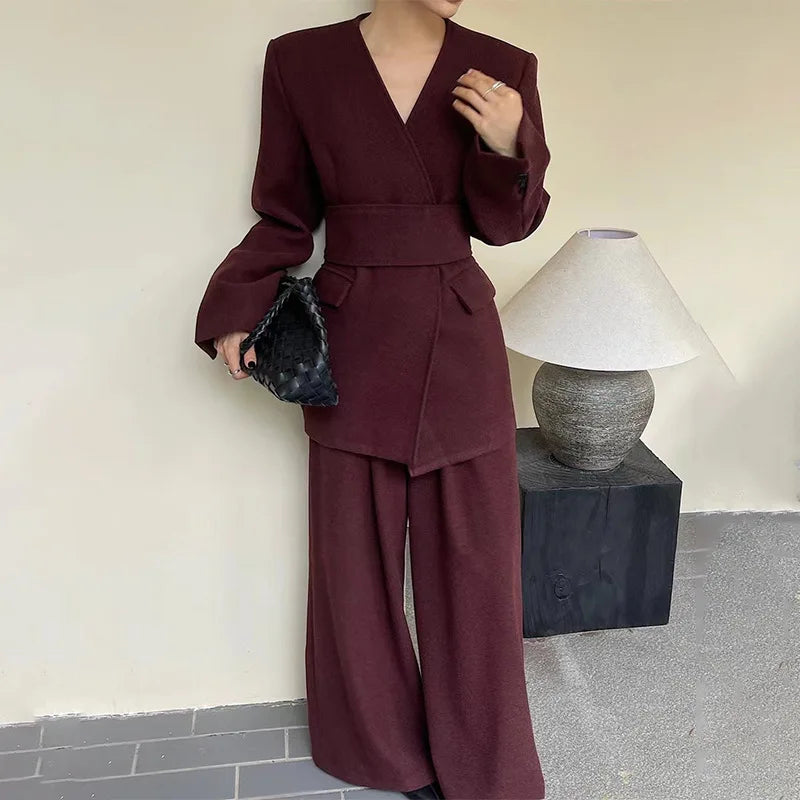 Boutique Wholesale 2025 Autumn New Style Fashionable Temperament Elegant Casual Waist Jacket Loose Wide Leg Pants Women's Set