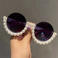 Women's New Fashion Round Half Frame Small Sunglasses with UV400 Lenses and PC Frame Pearl Trend Sunglasses