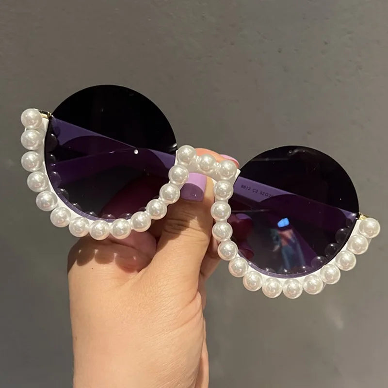 Women's New Fashion Round Half Frame Small Sunglasses with UV400 Lenses and PC Frame Pearl Trend Sunglasses