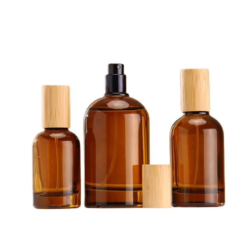 Luxury 50ml Perfume Bottle with Wood Lid Amber Glass Cosmetic Packaging Pump Sprayer Sealing Type