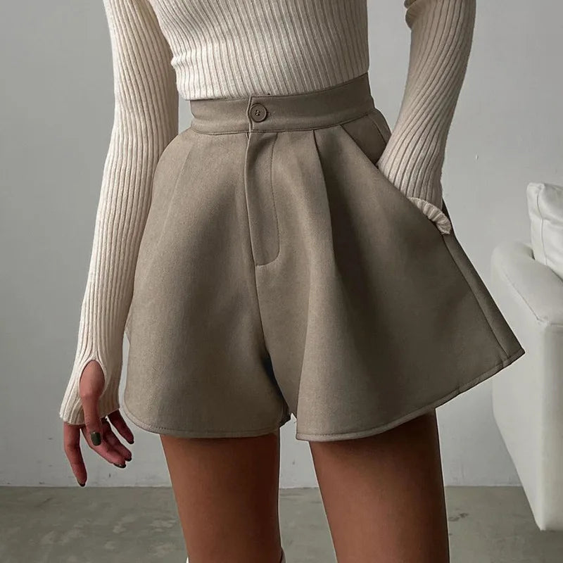Enyami Minimalist Casual Chic Office Leisure Women Elegant Wide Leg Bermuda Simple High Waist Female Flared Shorts