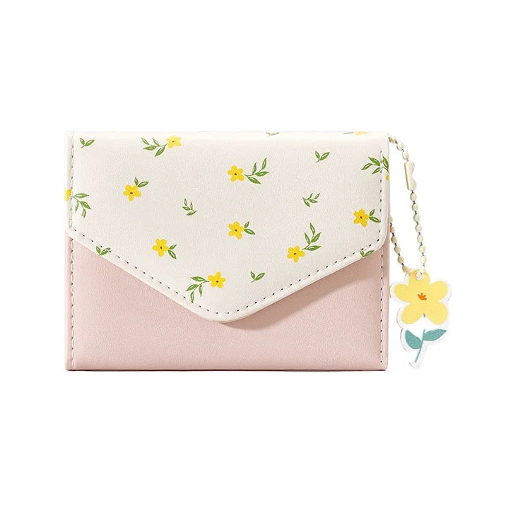 Hot Sale PU Leather Purses Ins Cute Student Envelope Floral Wallet Simple Short Triple Fold Women Wallet Charming Wallet Purse