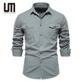 2024 Liu Ming Autumn Collection New Style Men's Casual Shirts 100% Cotton Long Sleeve Solid Color Slim Fit Yarn Dyed Pocket