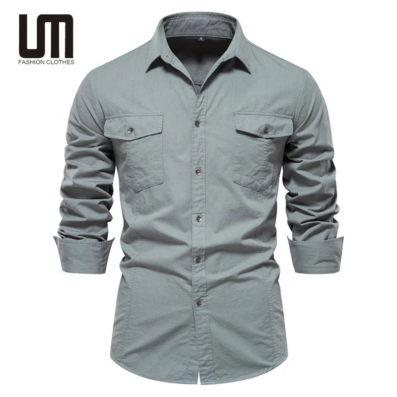 2024 Liu Ming Autumn Collection New Style Men's Casual Shirts 100% Cotton Long Sleeve Solid Color Slim Fit Yarn Dyed Pocket