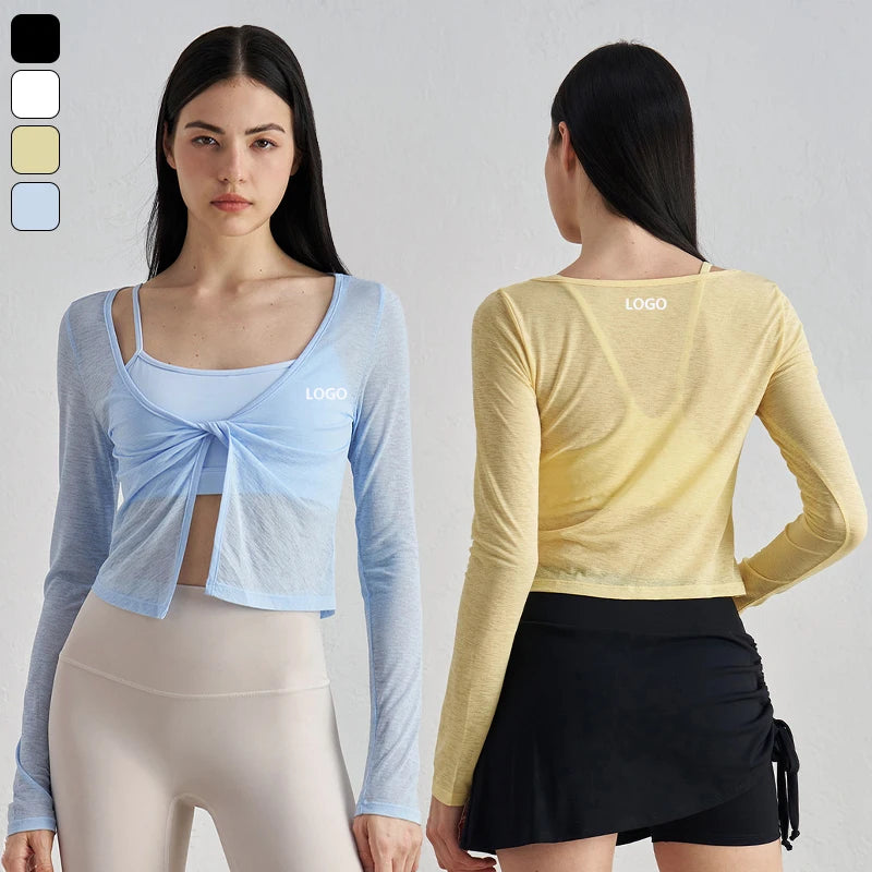 XW-ADCX52021 Custom Breathable Mesh Cross Top Based Wear Yoga Sport Fitness Gym Soft  U Neckline Twisted Shawl Yoga Top