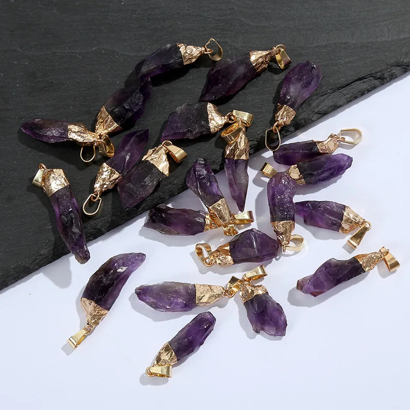 Natural Amethyst Rough Raw Natural Gold Electroplated Cap Gemstone Pendant Charms Gemstone Precious Pendant for Jewelry Making