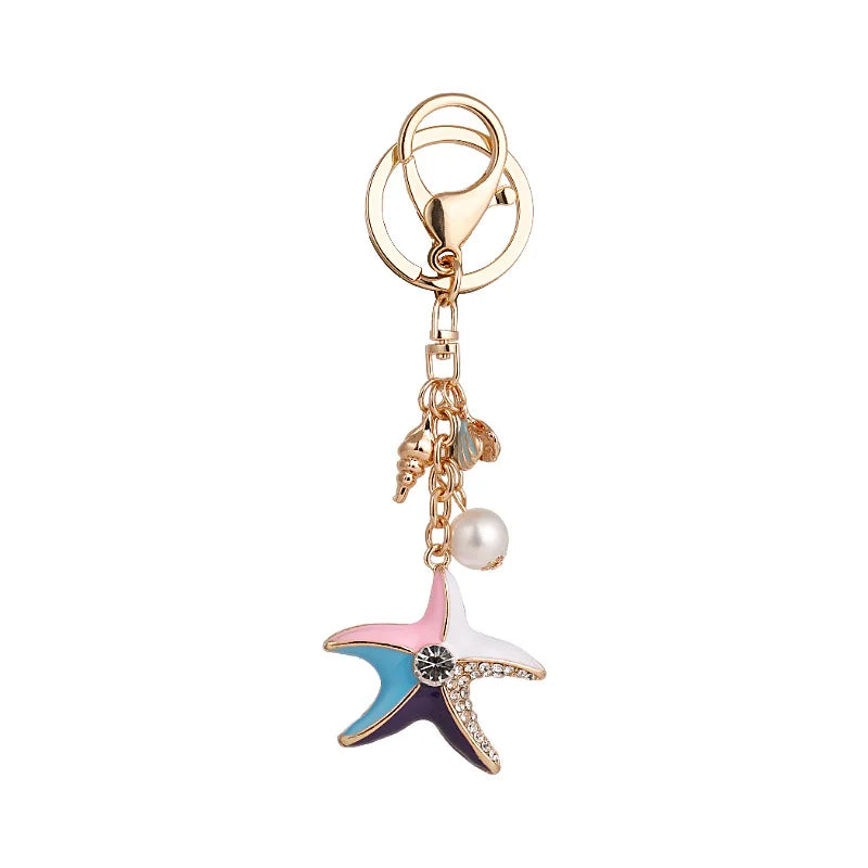 Summer Beach Delicate Whelk Sea Shell Keyring Wholesale Rhinestone Crystal Starfish Key Chain for Women