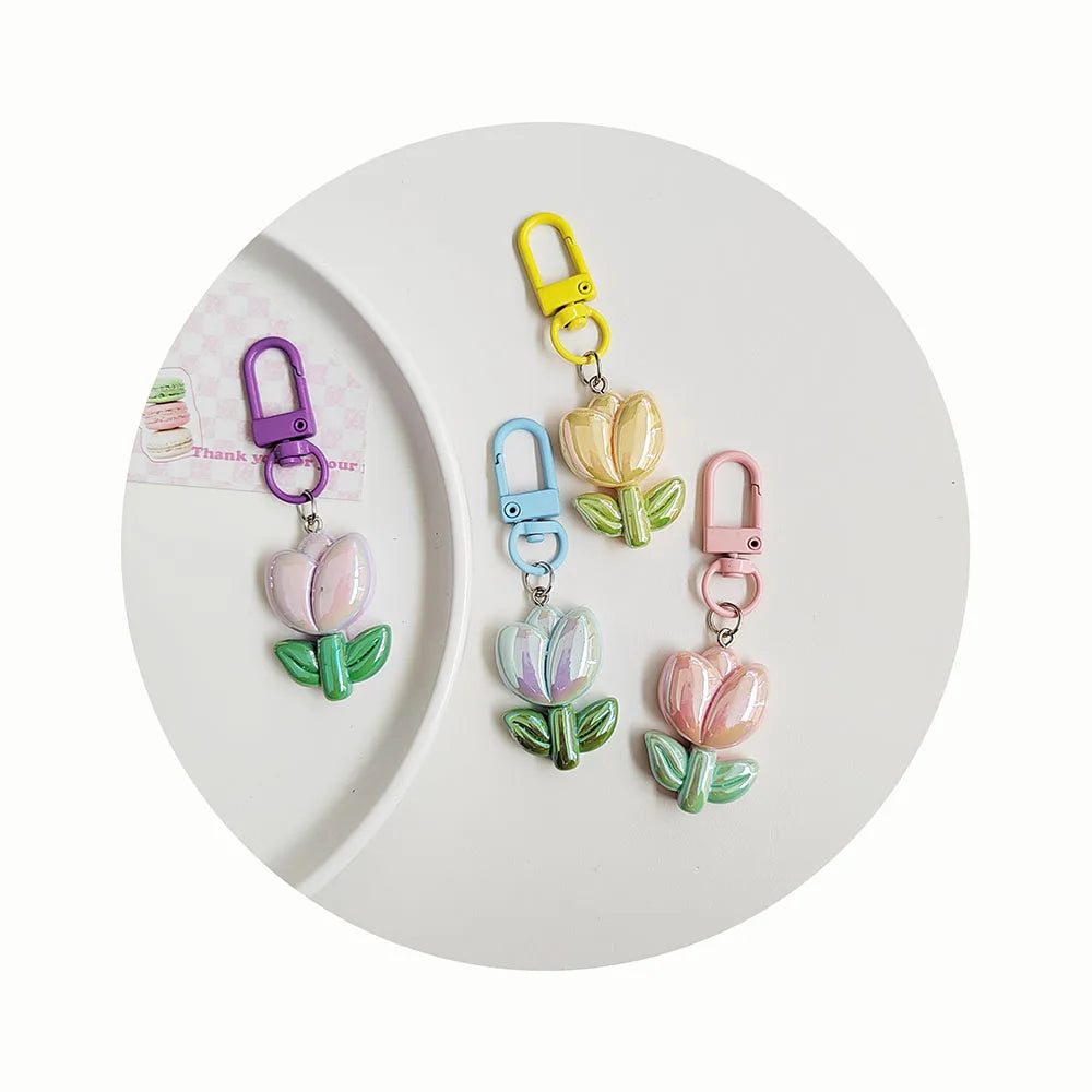 Cute Tulips Pendant Flower Keychains Bag Earphone Case Pendant DIY Accessories Car Key Ring Candy Color Key Chains Decor Jewelry